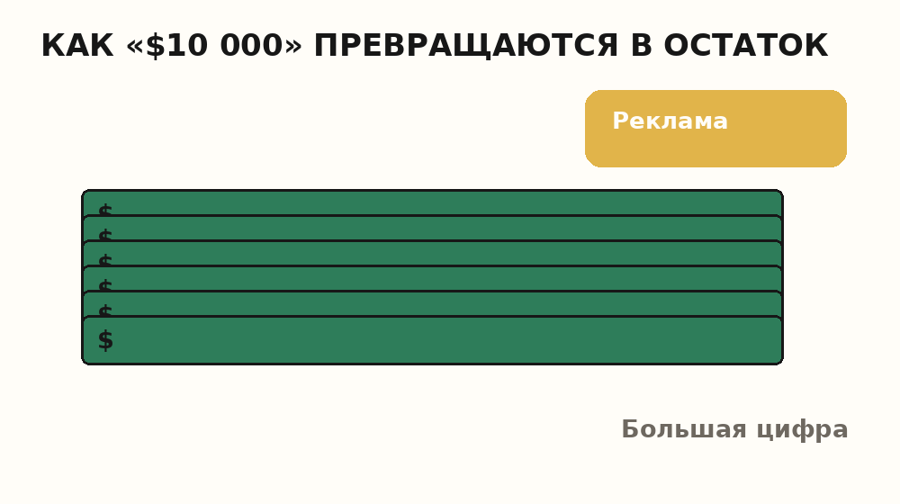 Анимация: рекламная сумма уменьшается после налогов, жилья, еды и стоимости программы