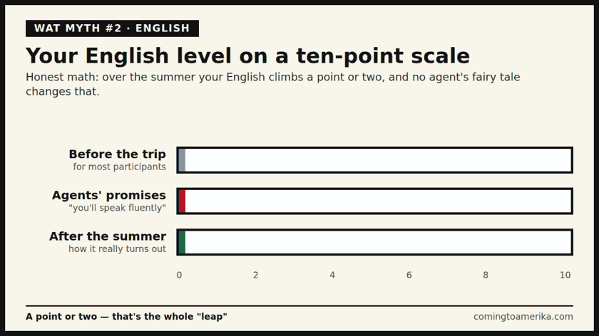 Animated chart of English level: before the trip, as promised by agents, and after the summer