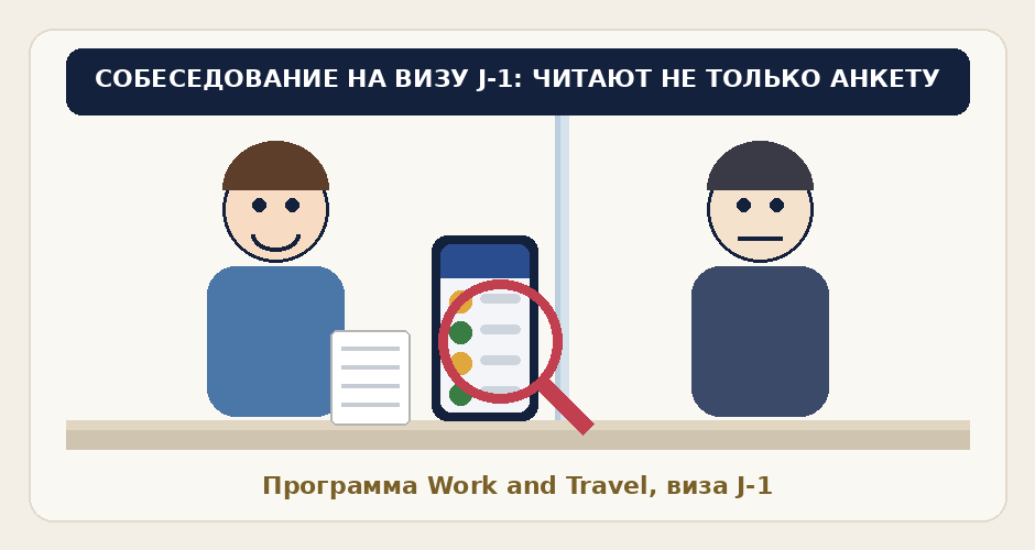 Студент у окна консульства, сотрудник консульства изучает его телефон под лупой