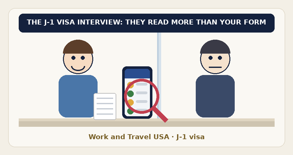 Applicant at the consulate window while a consul inspects their phone under a magnifier