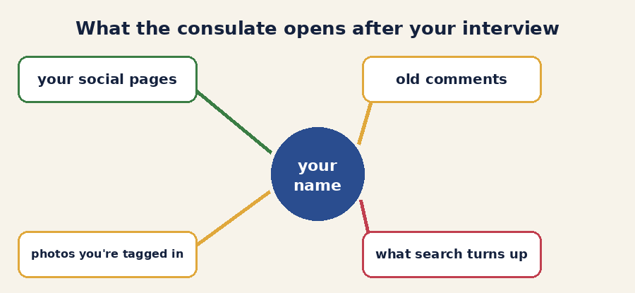 Diagram of what the consulate checks around an applicant’s name